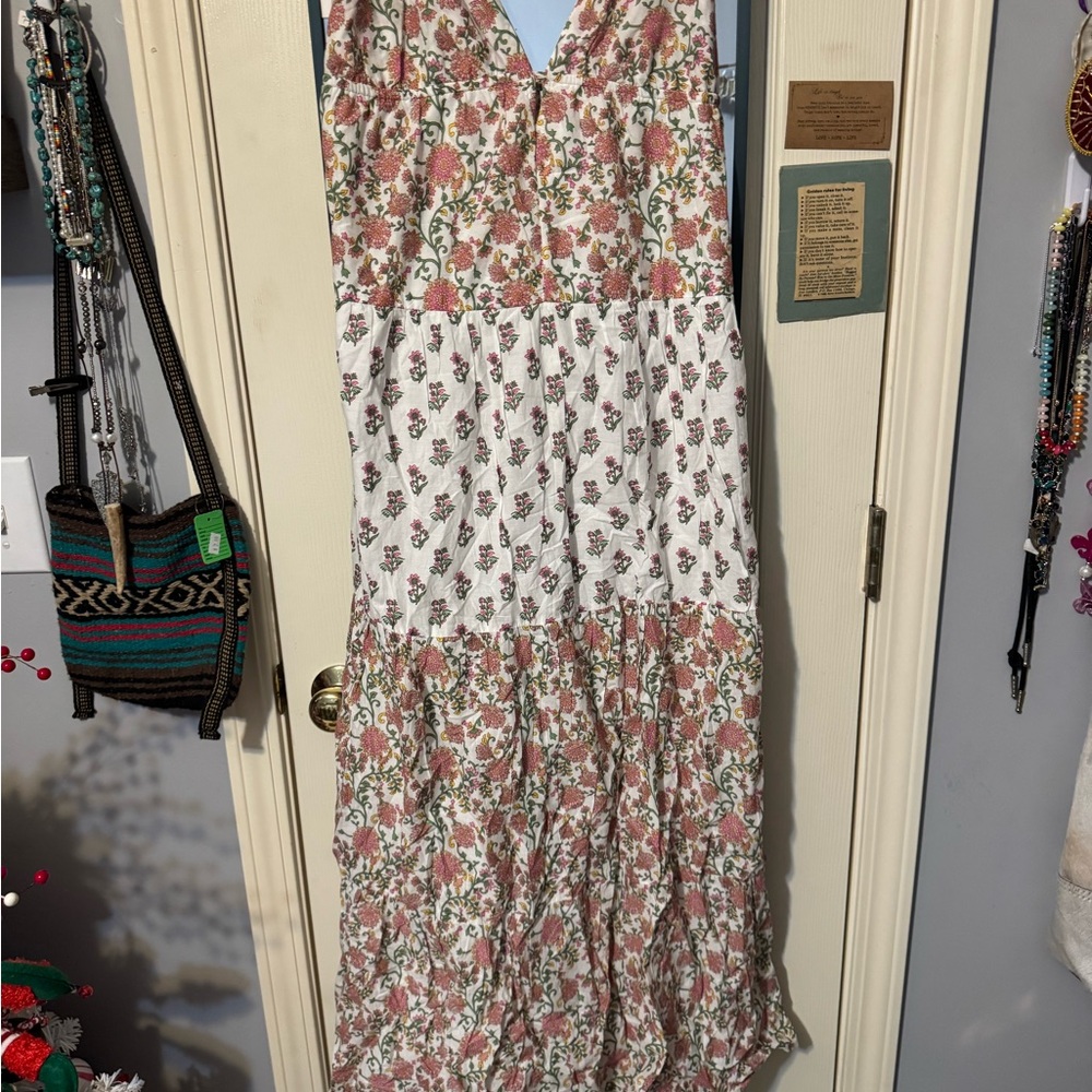 Bohemian Floral Tiered Maxi Dress - White & Dusty Rose